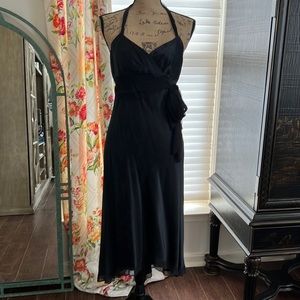 Boho black silk dress. MIDI style tie on side and around back of neck.